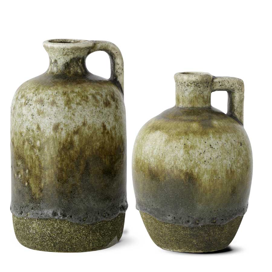 Set of 2 Green Glazed Terracotta Vase Jugs 8/9"H Steinhafels