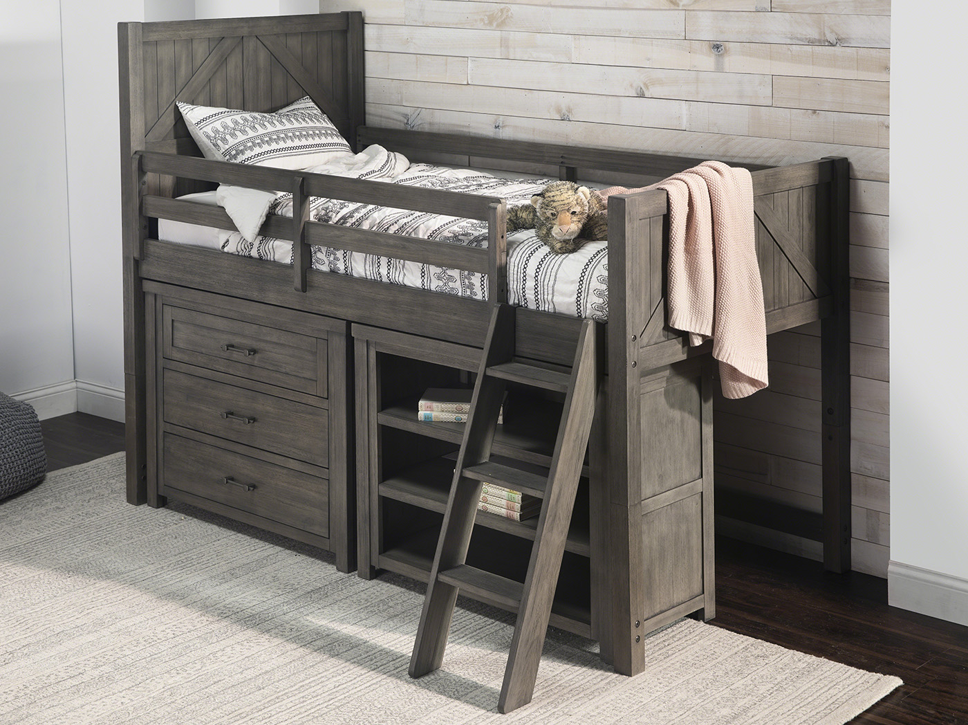 Bunkhouse Mid Loft Twin Bed With Dresser and Bookcase Steinhafels